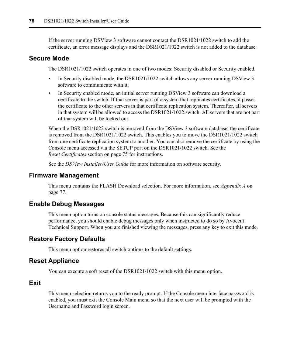 Secure mode, Firmware management, Enable debug messages | Restore factory defaults, Reset appliance, Exit | Avocent DSR1021 User Manual | Page 88 / 110