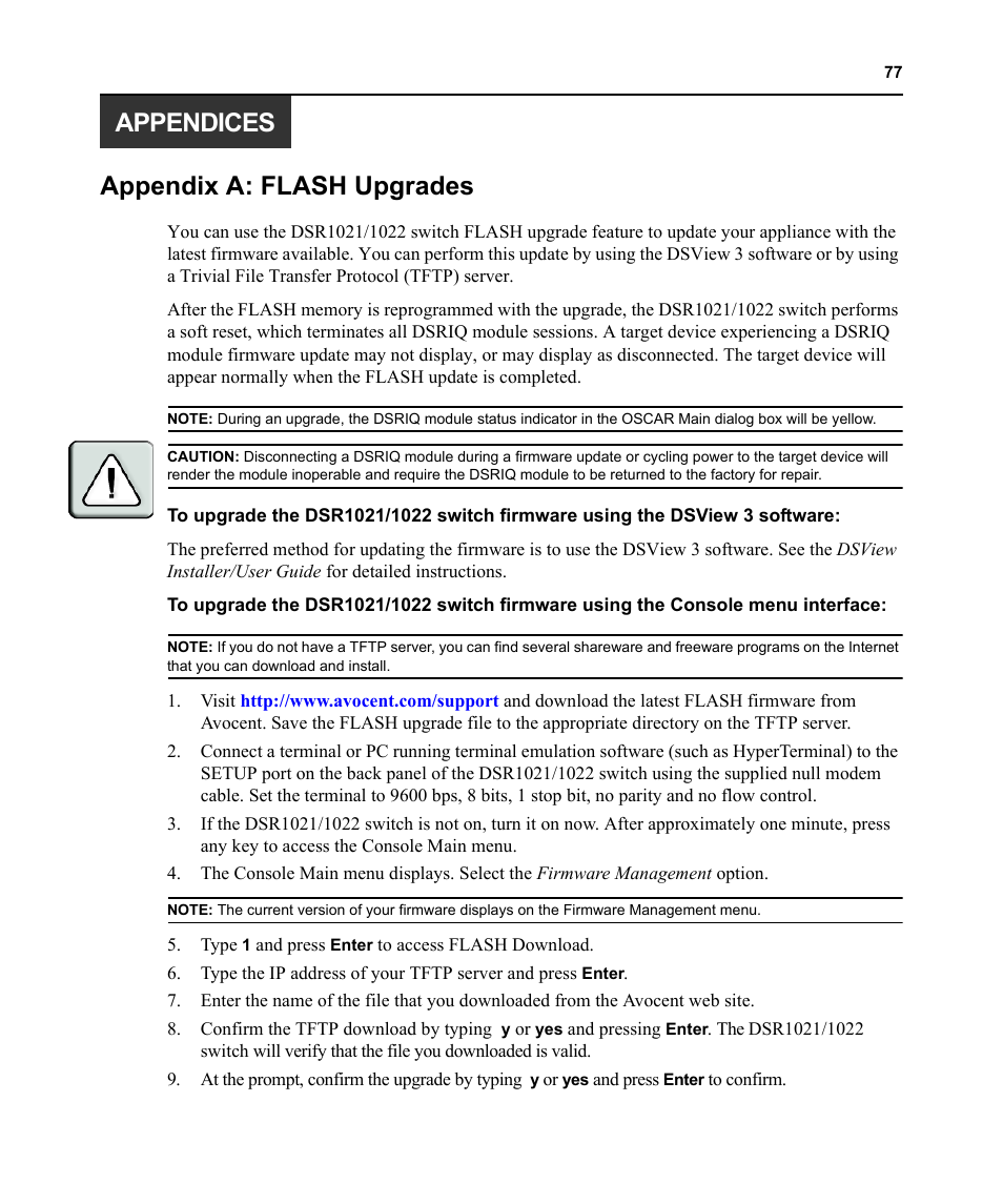 Appendices, Appendix a: flash upgrades, Appendices appendix a: flash upgrades | Avocent DSR1021 User Manual | Page 89 / 110