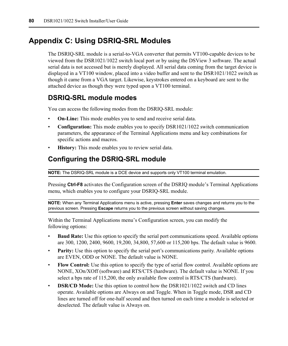 Appendix c: using dsriq-srl modules, Dsriq-srl module modes, Configuring the dsriq-srl module | Avocent DSR1021 User Manual | Page 92 / 110