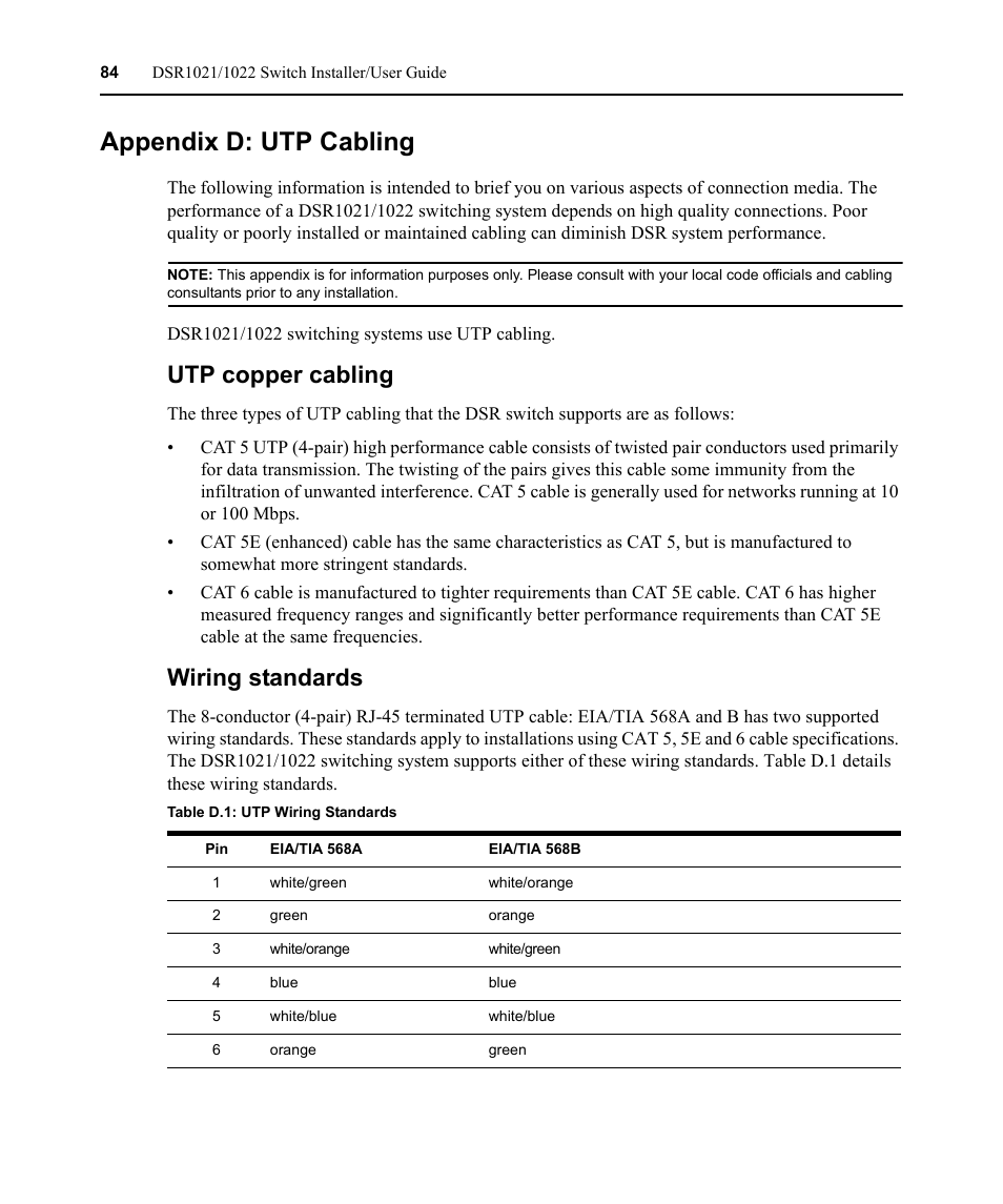 Appendix d: utp cabling, Utp copper cabling, Wiring standards | Table d.1: utp wiring standards | Avocent DSR1021 User Manual | Page 96 / 110