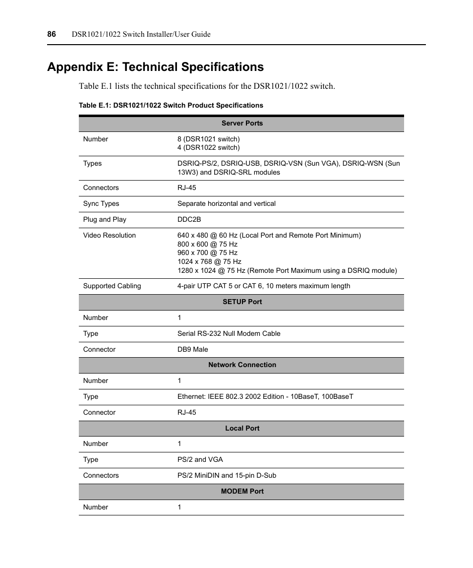 Appendix e: technical specifications | Avocent DSR1021 User Manual | Page 98 / 110