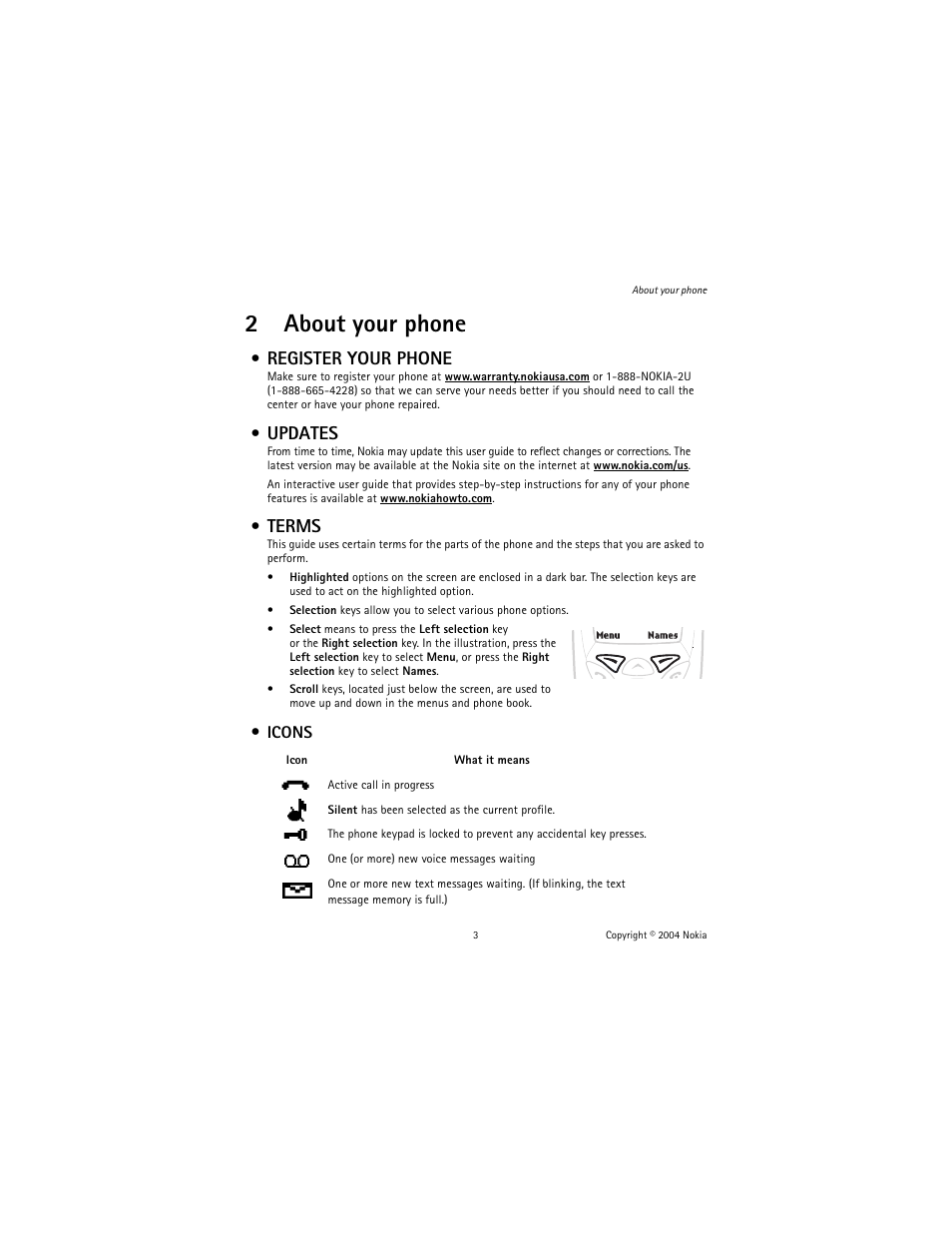 2 about your phone, Register your phone, Updates | Terms, Icons, About your phone, Register your phone updates terms icons, 2about your phone | Nokia 1221 User Manual | Page 12 / 81