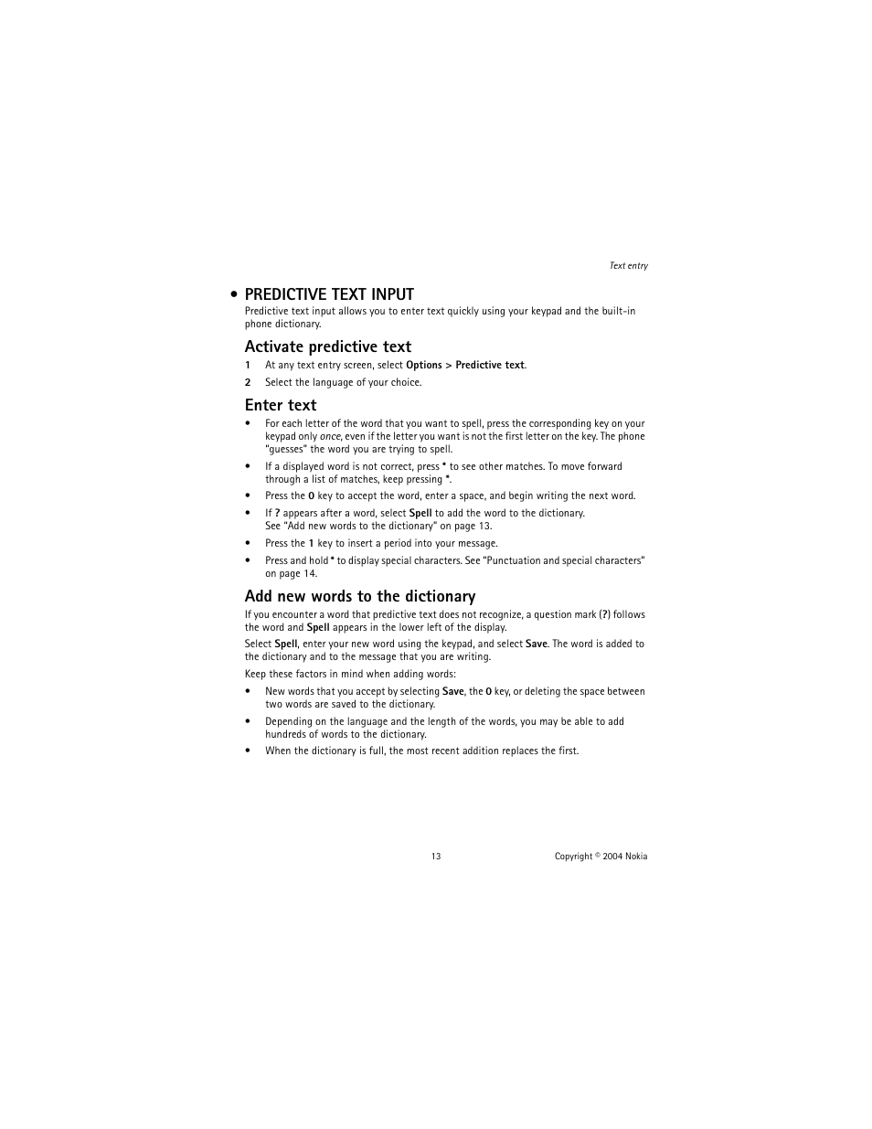 Predictive text input, Activate predictive text, Enter text | Add new words to the dictionary | Nokia 1221 User Manual | Page 22 / 81