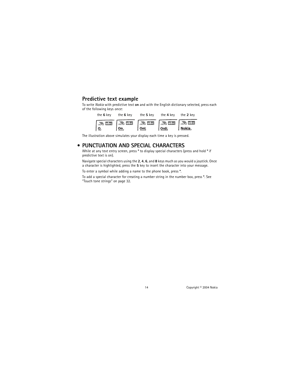 Punctuation and special characters, Predictive text example | Nokia 1221 User Manual | Page 23 / 81