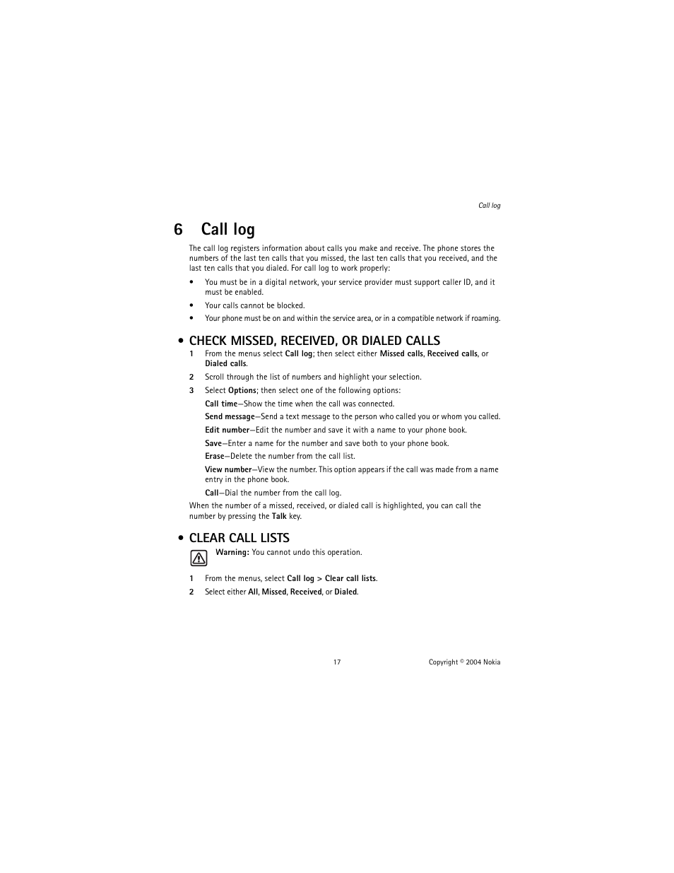 6 call log, Check missed, received, or dialed calls, Clear call lists | Call log, 6call log | Nokia 1221 User Manual | Page 26 / 81