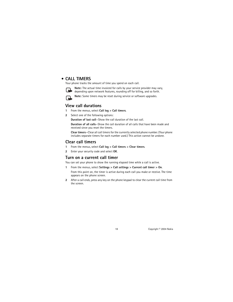 Call timers, View call durations, Clear call timers | Turn on a current call timer | Nokia 1221 User Manual | Page 27 / 81