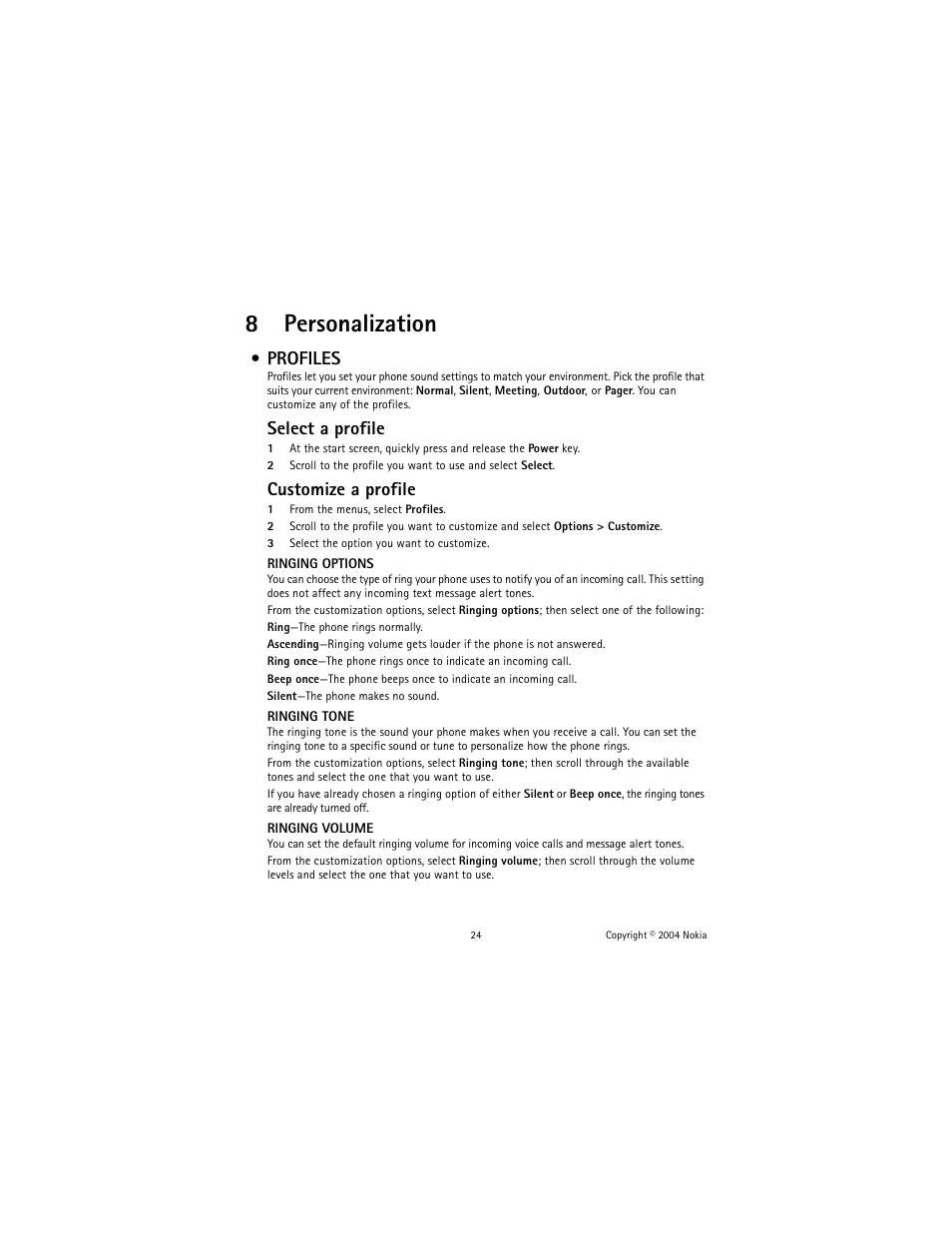 8 personalization, Profiles, Personalization | 8personalization, Select a profile, Customize a profile | Nokia 1221 User Manual | Page 33 / 81