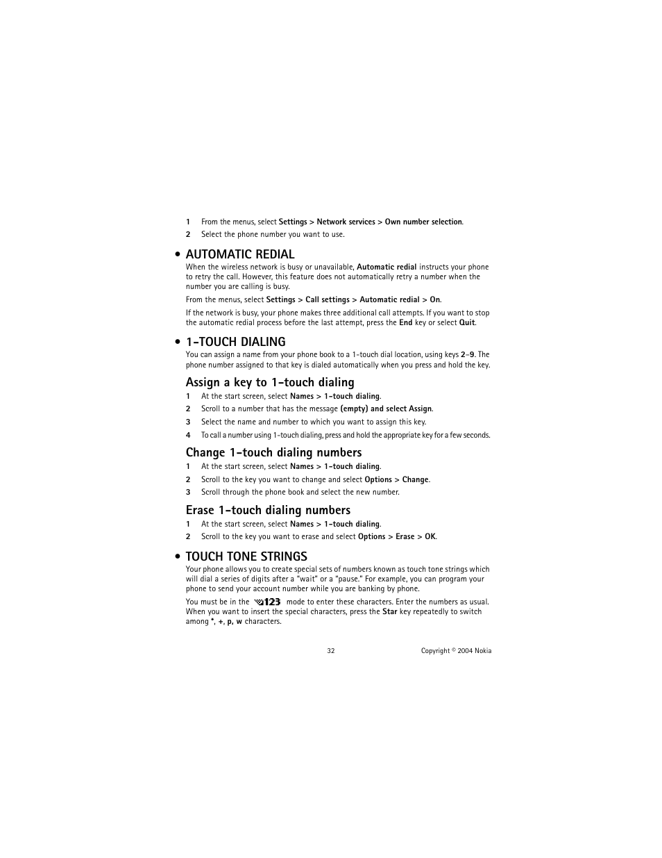 Automatic redial, Touch dialing, Touch tone strings | Assign a key to 1-touch dialing, Change 1-touch dialing numbers, Erase 1-touch dialing numbers | Nokia 1221 User Manual | Page 41 / 81