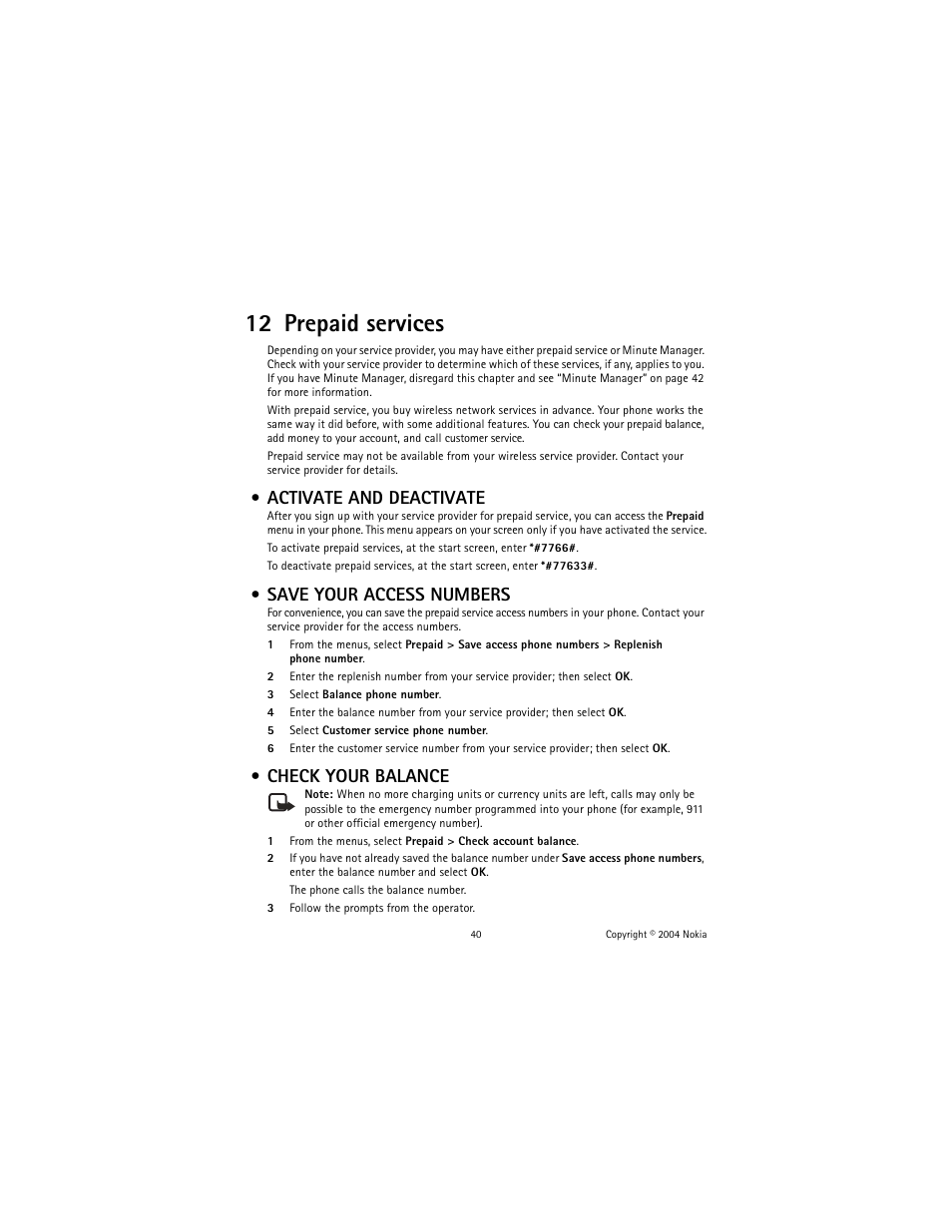 12 prepaid services, Activate and deactivate, Save your access numbers | Check your balance | Nokia 1221 User Manual | Page 49 / 81