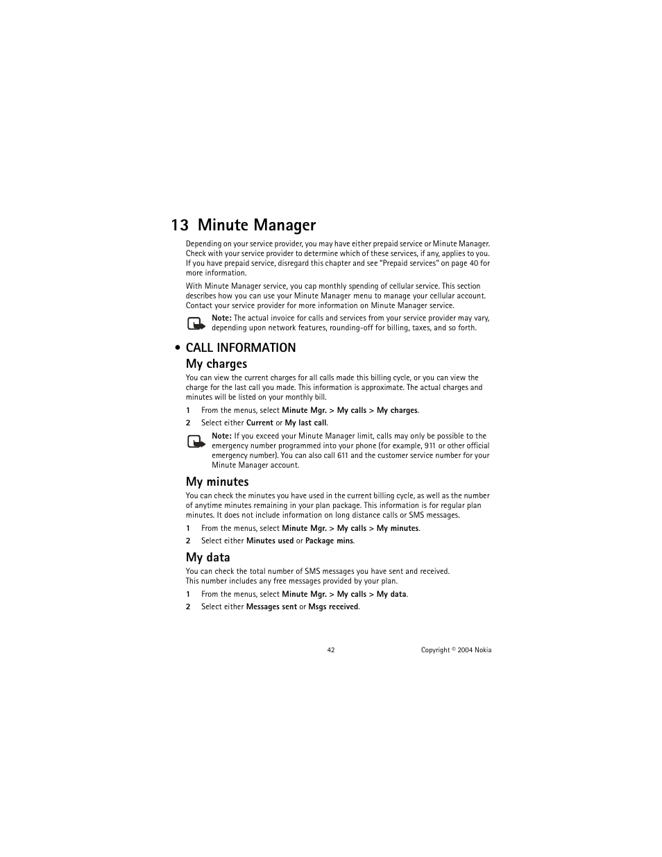 13 minute manager, Call information, Call information my charges | My minutes, My data | Nokia 1221 User Manual | Page 51 / 81