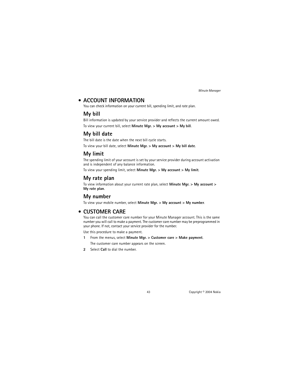 Account information, Customer care, Account information customer care | My bill, My bill date, My limit, My rate plan, My number | Nokia 1221 User Manual | Page 52 / 81