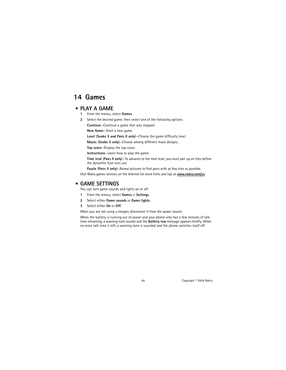 14 games, Play a game, Game settings | Play a game game settings | Nokia 1221 User Manual | Page 53 / 81