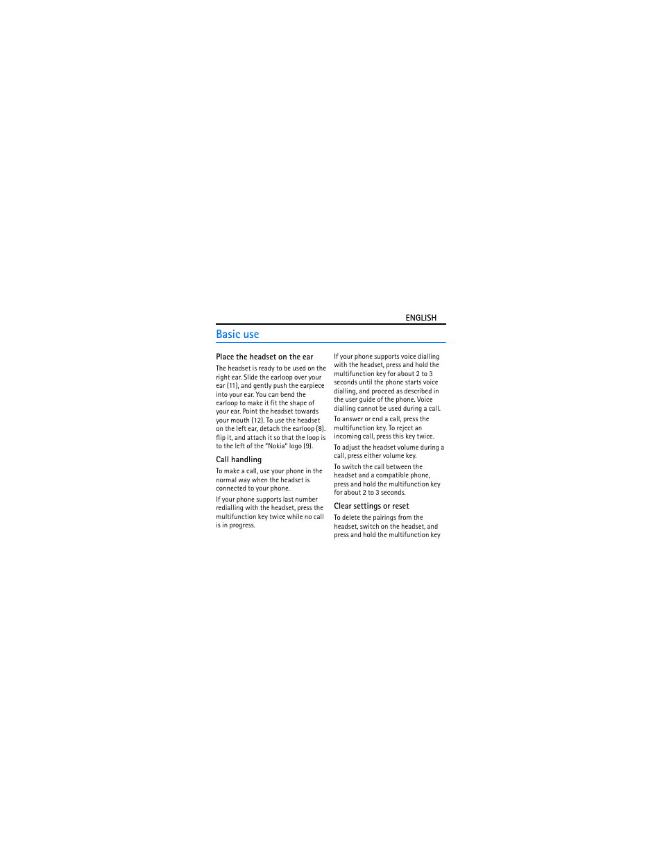 Basic use, Place the headset on the ear, Call handling | Clear settings or reset | Nokia Bluetooth Headset BH-101 User Manual | Page 6 / 9