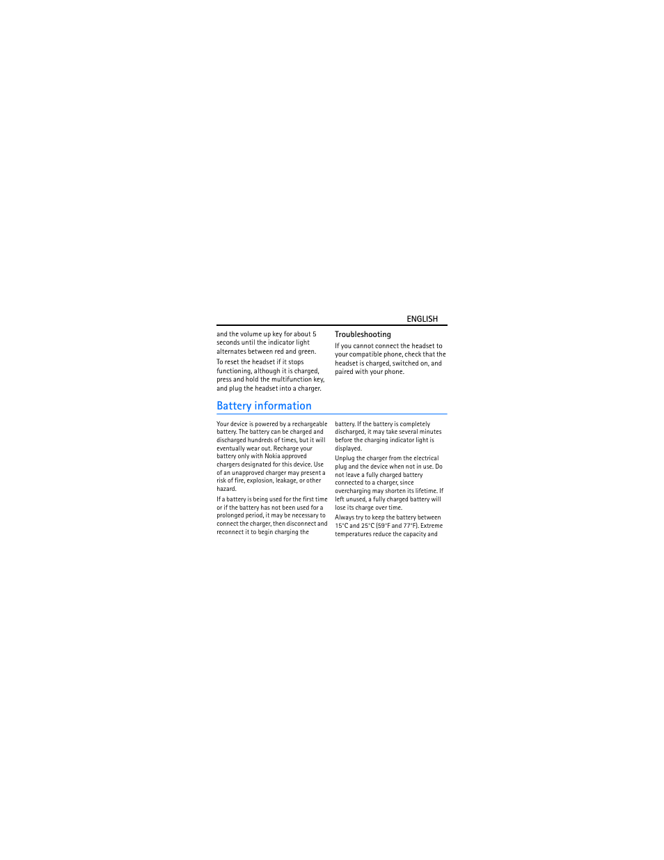 Troubleshooting, Battery information | Nokia Bluetooth Headset BH-101 User Manual | Page 7 / 9