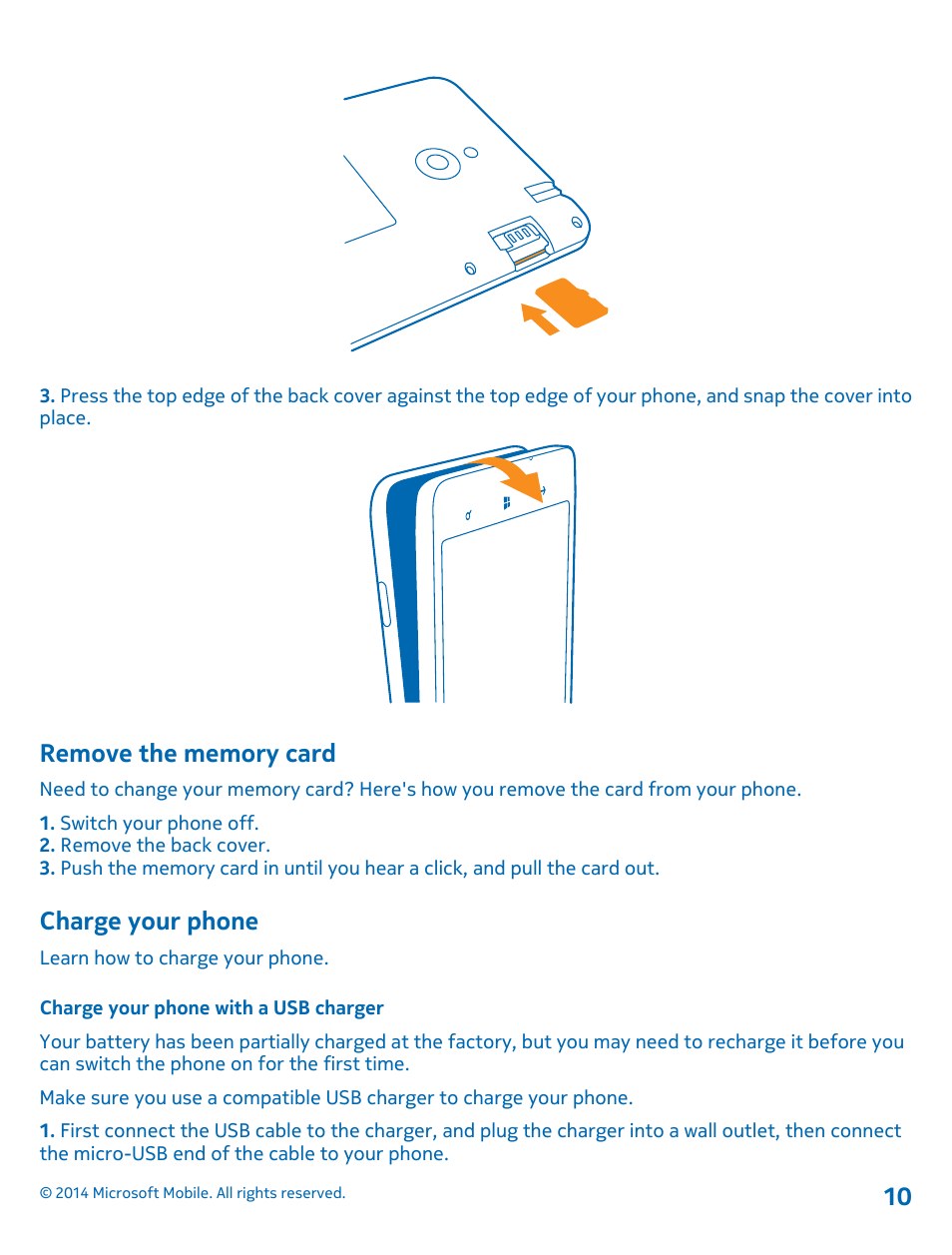 Remove the memory card, Charge your phone, Charge your phone with a usb charger | Nokia Lumia 1320 User Manual | Page 10 / 124