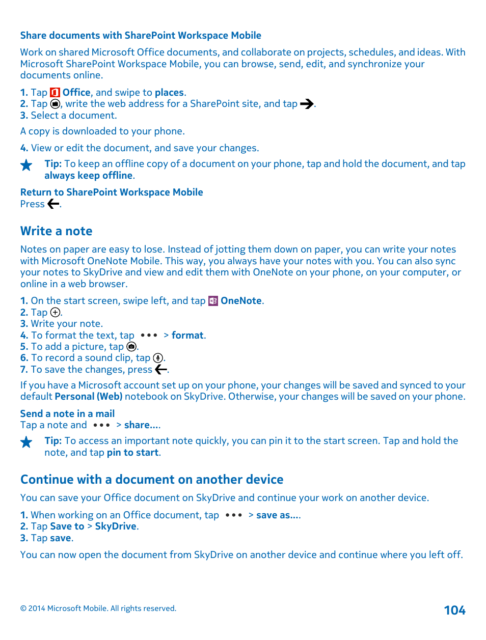 Share documents with sharepoint workspace mobile, Write a note, Continue with a document on another device | Continue with a document on another, Device | Nokia Lumia 1320 User Manual | Page 104 / 124
