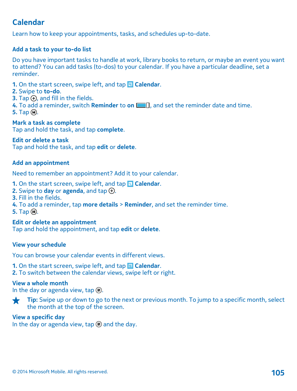 Calendar, Add a task to your to-do list, Add an appointment | View your schedule | Nokia Lumia 1320 User Manual | Page 105 / 124