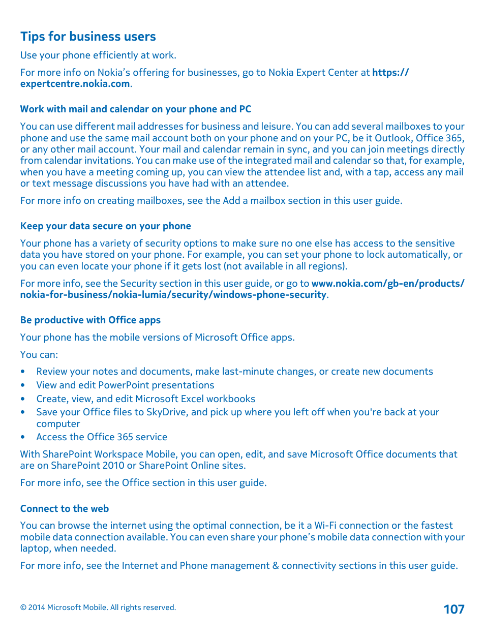 Tips for business users, Work with mail and calendar on your phone and pc, Keep your data secure on your phone | Be productive with office apps, Connect to the web | Nokia Lumia 1320 User Manual | Page 107 / 124