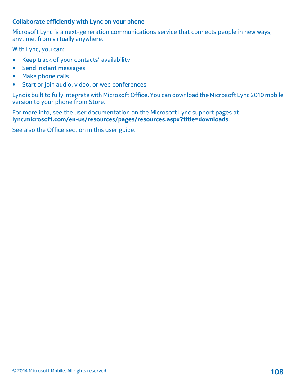 Collaborate efficiently with lync on your phone | Nokia Lumia 1320 User Manual | Page 108 / 124