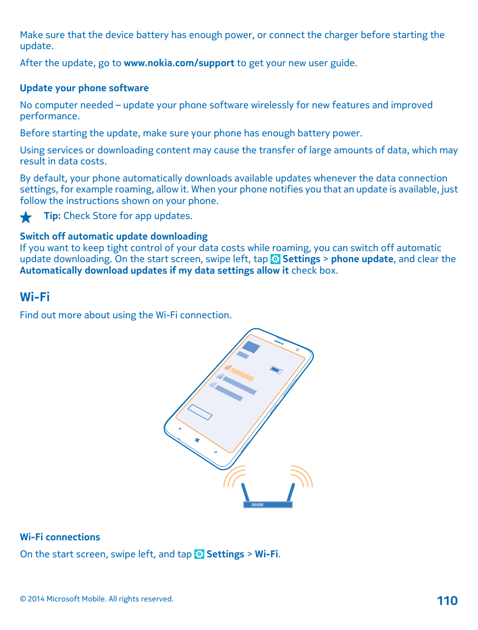 Update your phone software, Wi-fi, Wi-fi connections | Nokia Lumia 1320 User Manual | Page 110 / 124
