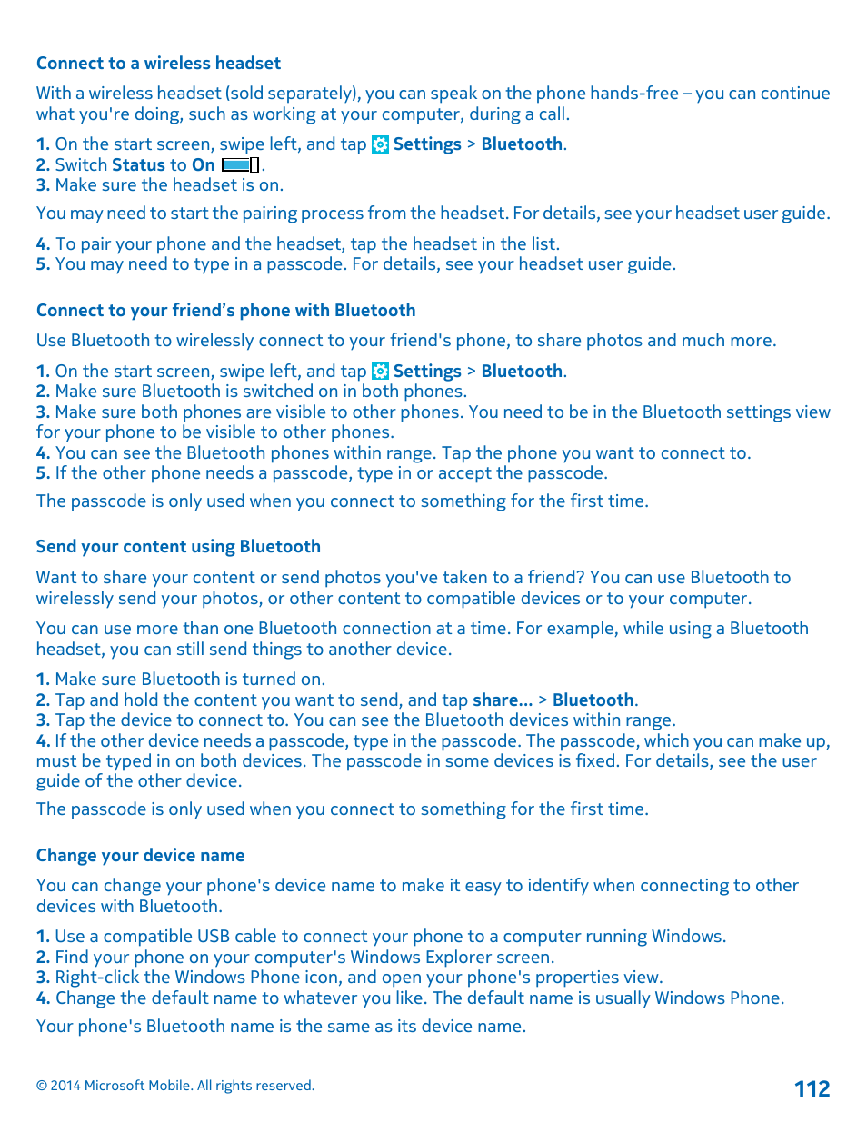 Connect to a wireless headset, Connect to your friend’s phone with bluetooth, Send your content using bluetooth | Change your device name | Nokia Lumia 1320 User Manual | Page 112 / 124