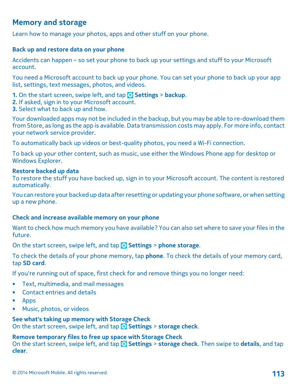 Memory and storage, Back up and restore data on your phone, Check and increase available memory on your phone | Nokia Lumia 1320 User Manual | Page 113 / 124