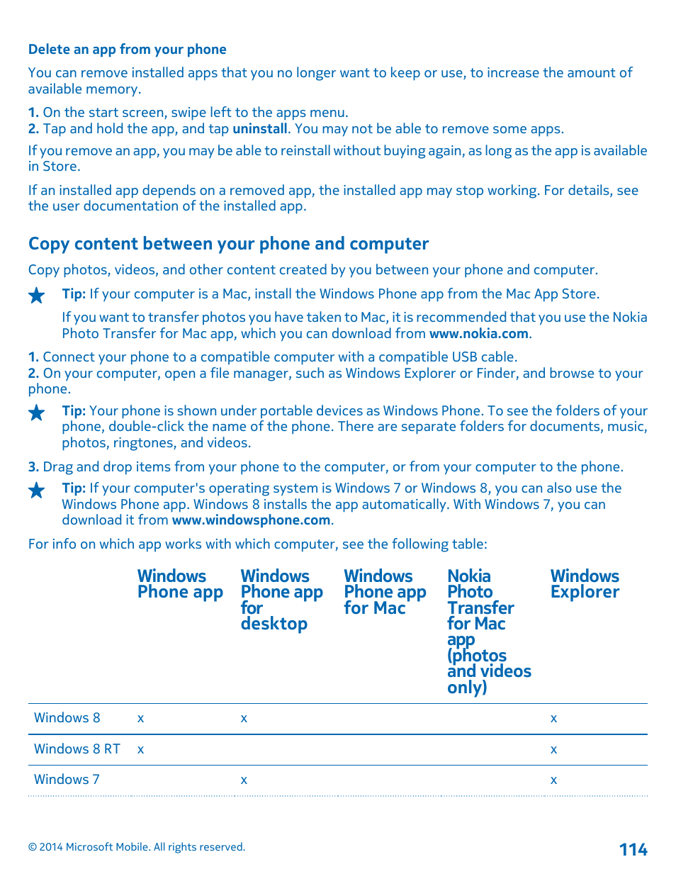 Delete an app from your phone, Copy content between your phone and computer, Copy content between your phone and | Computer | Nokia Lumia 1320 User Manual | Page 114 / 124
