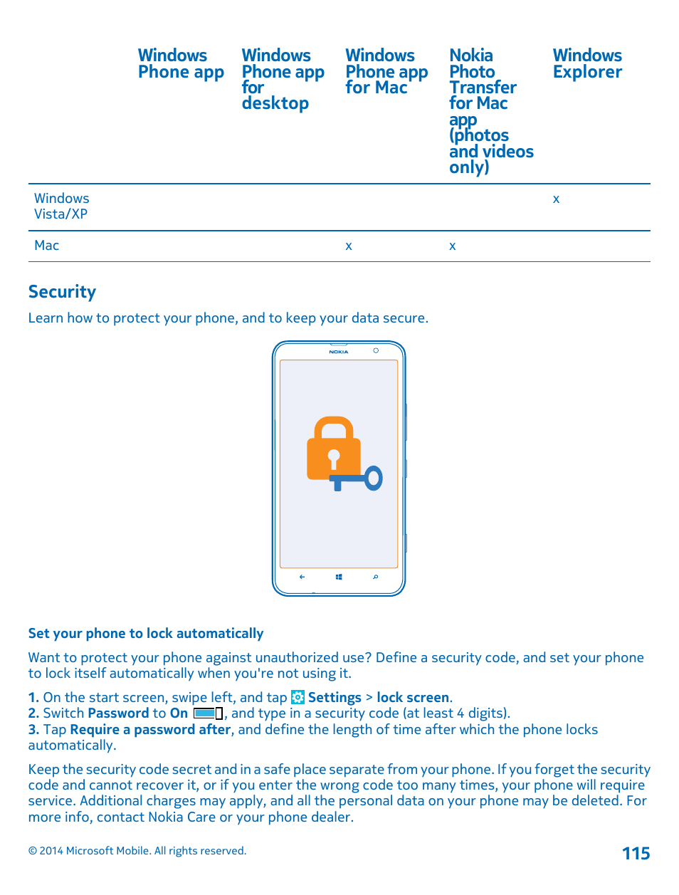 Security, Set your phone to lock automatically | Nokia Lumia 1320 User Manual | Page 115 / 124