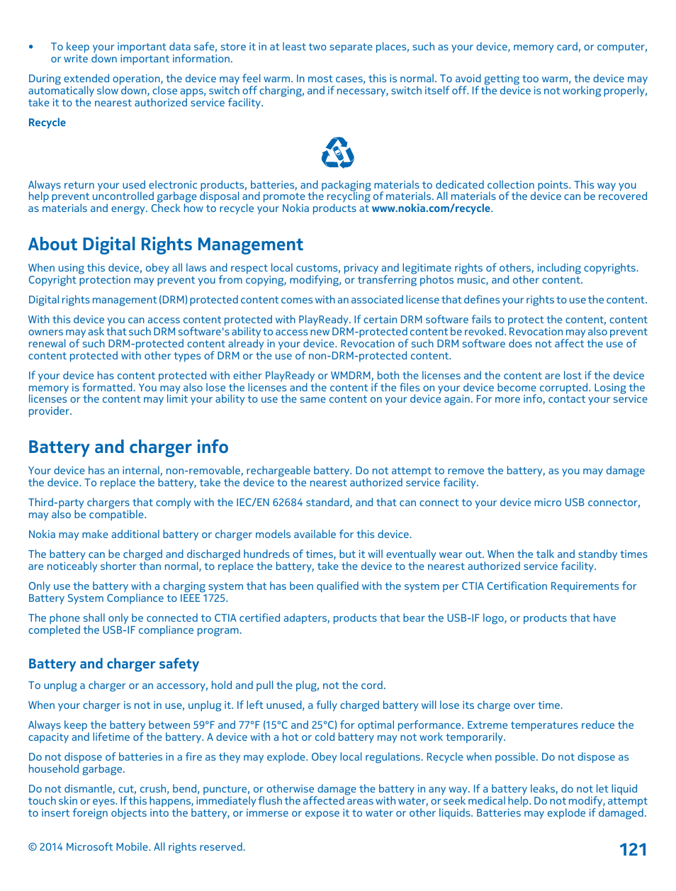 About digital rights management, Battery and charger info, Battery and charger safety | Nokia Lumia 1320 User Manual | Page 121 / 124