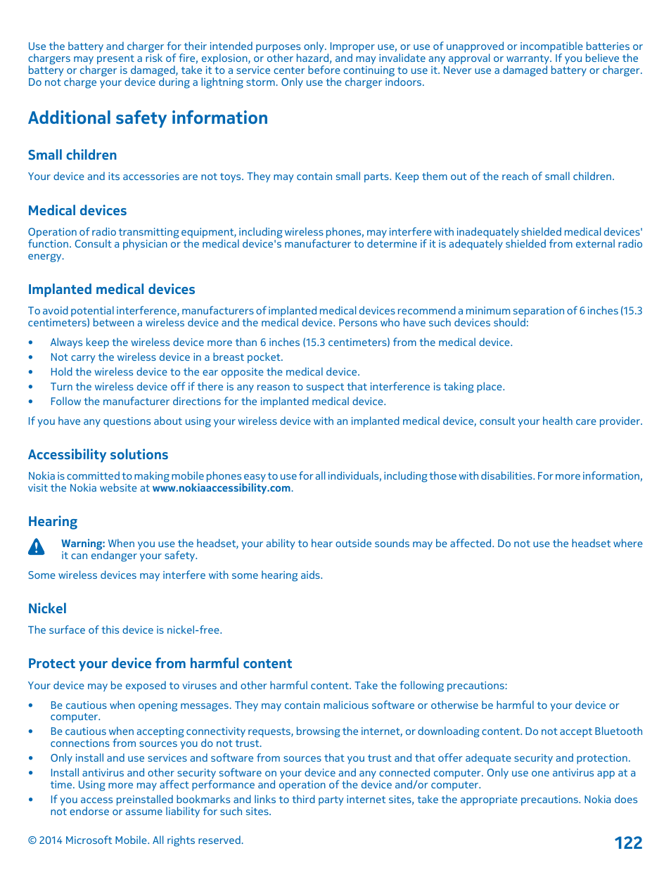 Additional safety information, Small children, Medical devices | Implanted medical devices, Accessibility solutions, Hearing, Nickel, Protect your device from harmful content | Nokia Lumia 1320 User Manual | Page 122 / 124