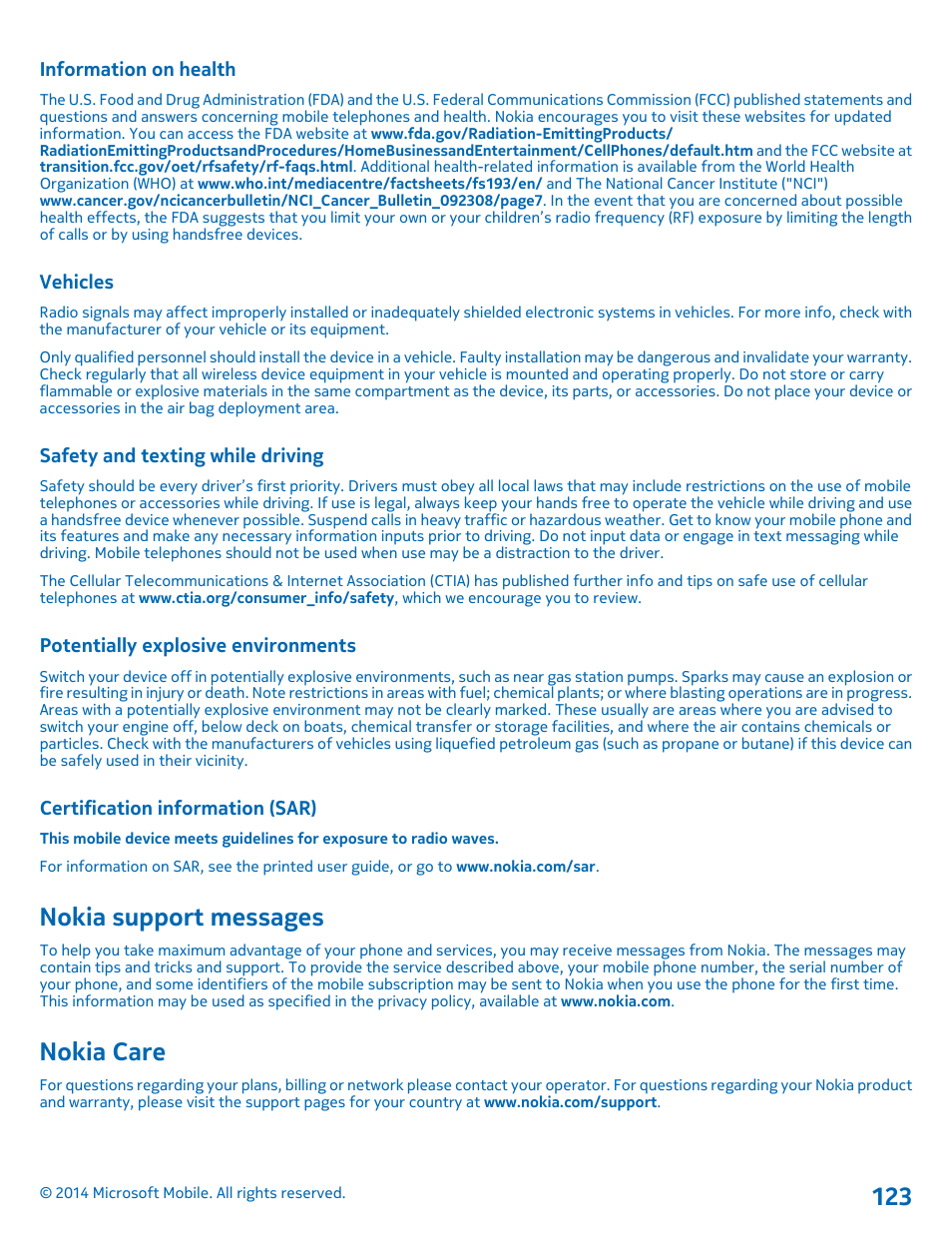 Information on health, Vehicles, Safety and texting while driving | Potentially explosive environments, Certification information (sar), Nokia support messages, Nokia care | Nokia Lumia 1320 User Manual | Page 123 / 124
