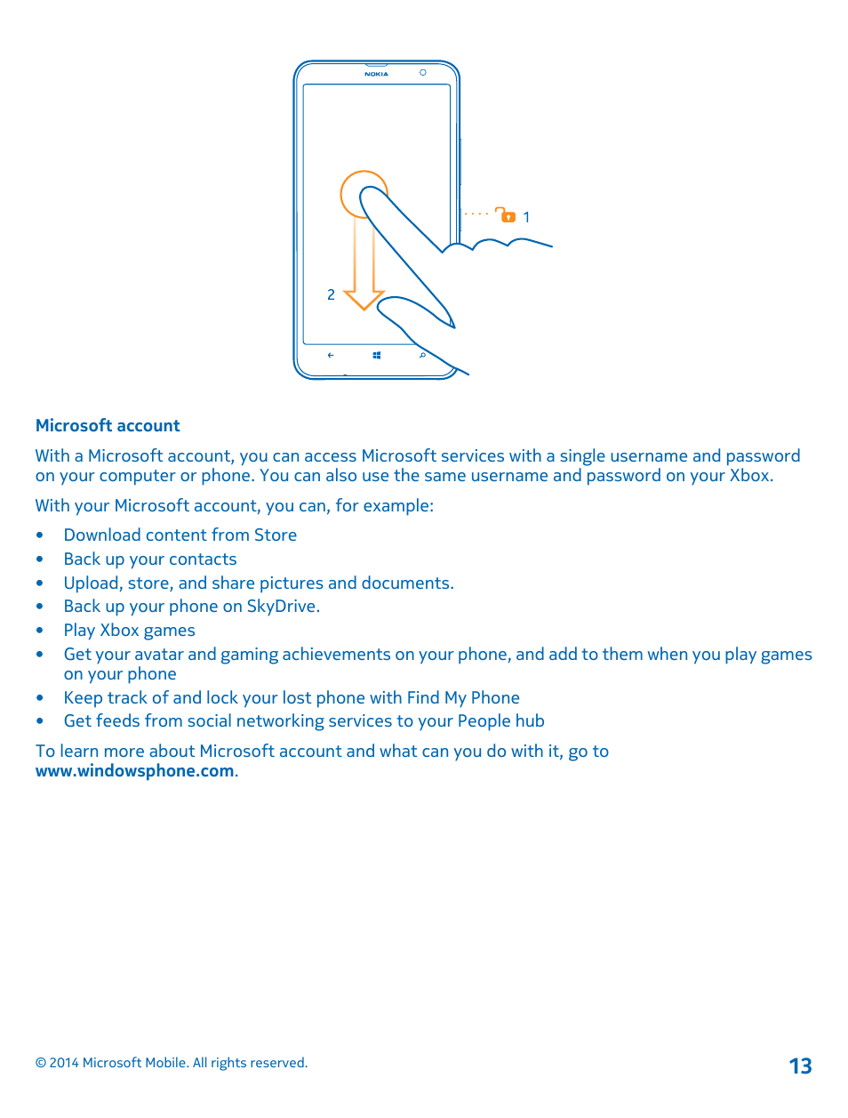 Microsoft account | Nokia Lumia 1320 User Manual | Page 13 / 124