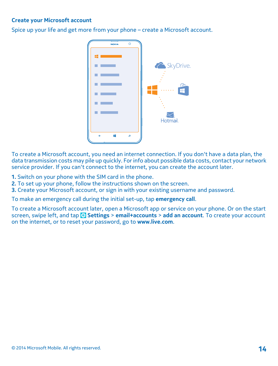 Create your microsoft account | Nokia Lumia 1320 User Manual | Page 14 / 124