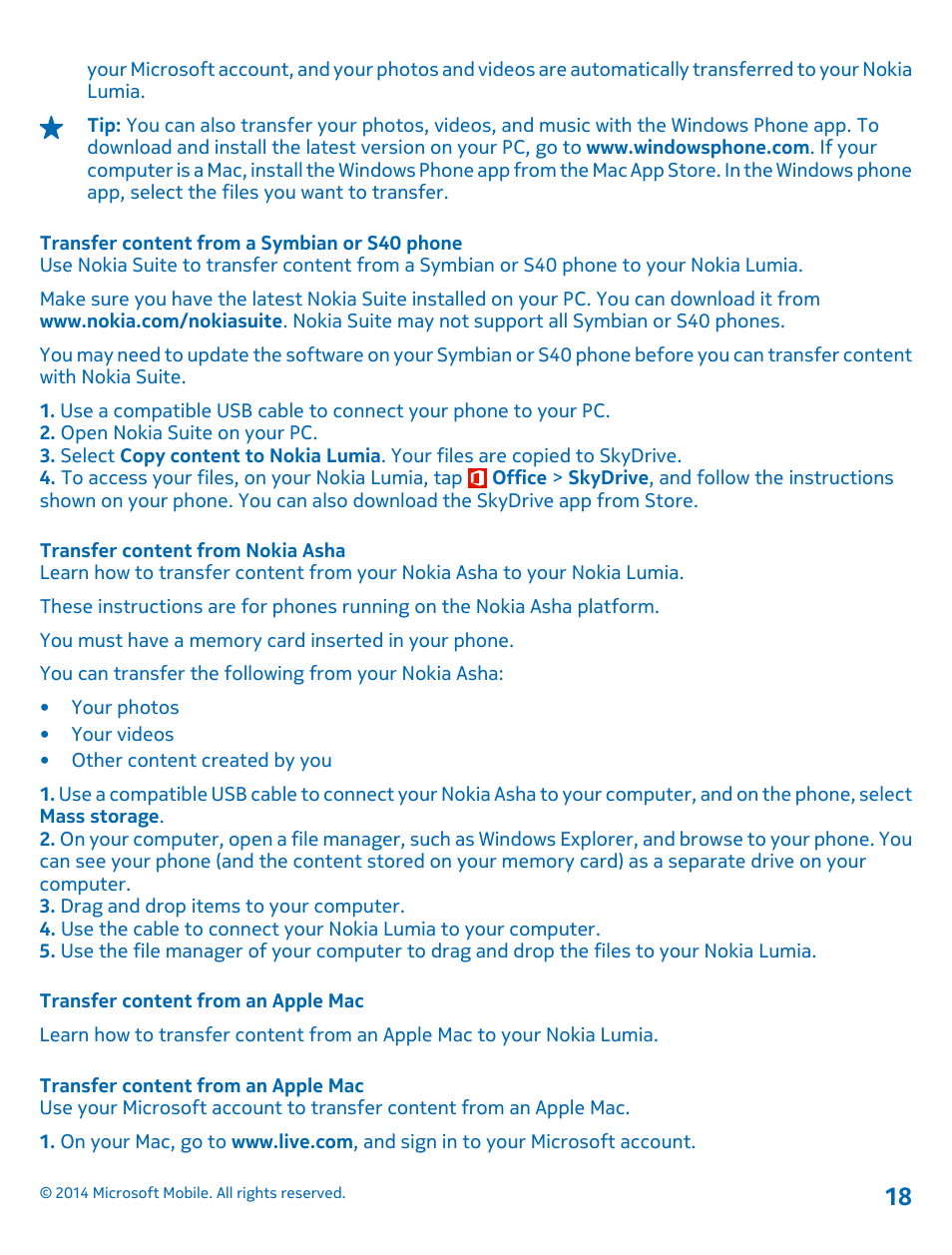 Transfer content from a symbian or s40 phone, Transfer content from nokia asha, Transfer content from an apple mac | Nokia Lumia 1320 User Manual | Page 18 / 124