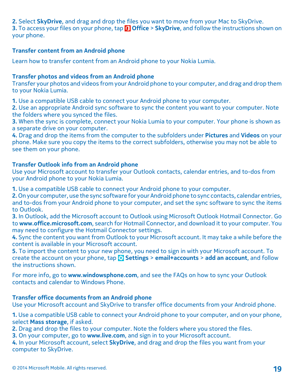 Transfer content from an android phone, Transfer photos and videos from an android phone, Transfer outlook info from an android phone | Transfer office documents from an android phone | Nokia Lumia 1320 User Manual | Page 19 / 124