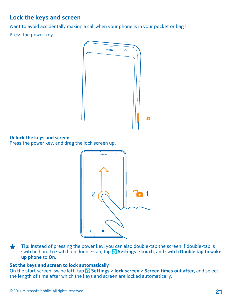 Lock the keys and screen | Nokia Lumia 1320 User Manual | Page 21 / 124