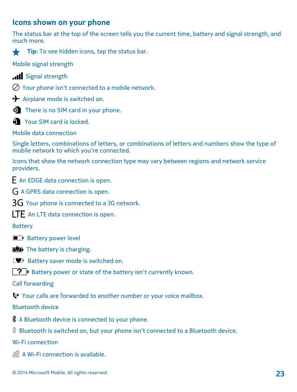 Icons shown on your phone | Nokia Lumia 1320 User Manual | Page 23 / 124