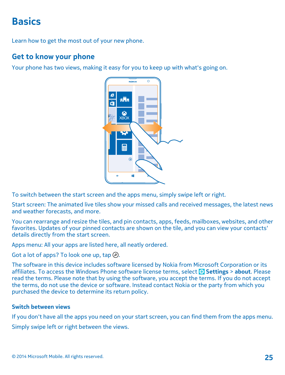 Basics, Get to know your phone, Switch between views | Nokia Lumia 1320 User Manual | Page 25 / 124