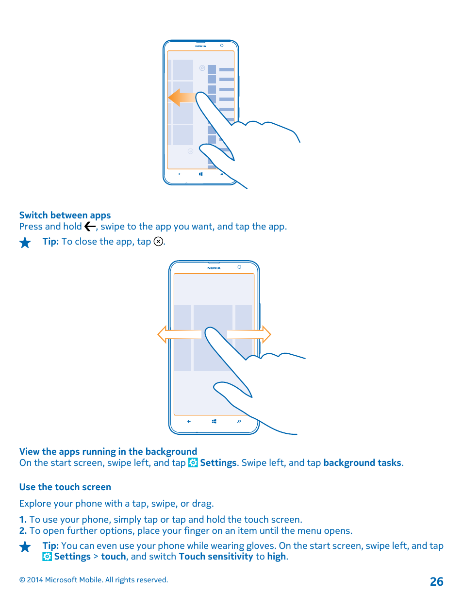 Use the touch screen | Nokia Lumia 1320 User Manual | Page 26 / 124