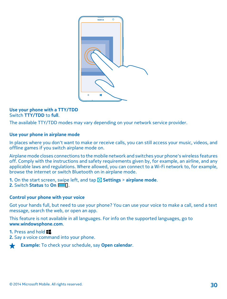 Use your phone in airplane mode, Control your phone with your voice | Nokia Lumia 1320 User Manual | Page 30 / 124