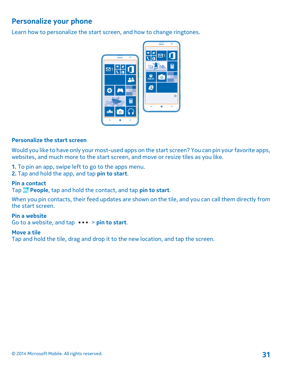 Personalize your phone, Personalize the start screen | Nokia Lumia 1320 User Manual | Page 31 / 124