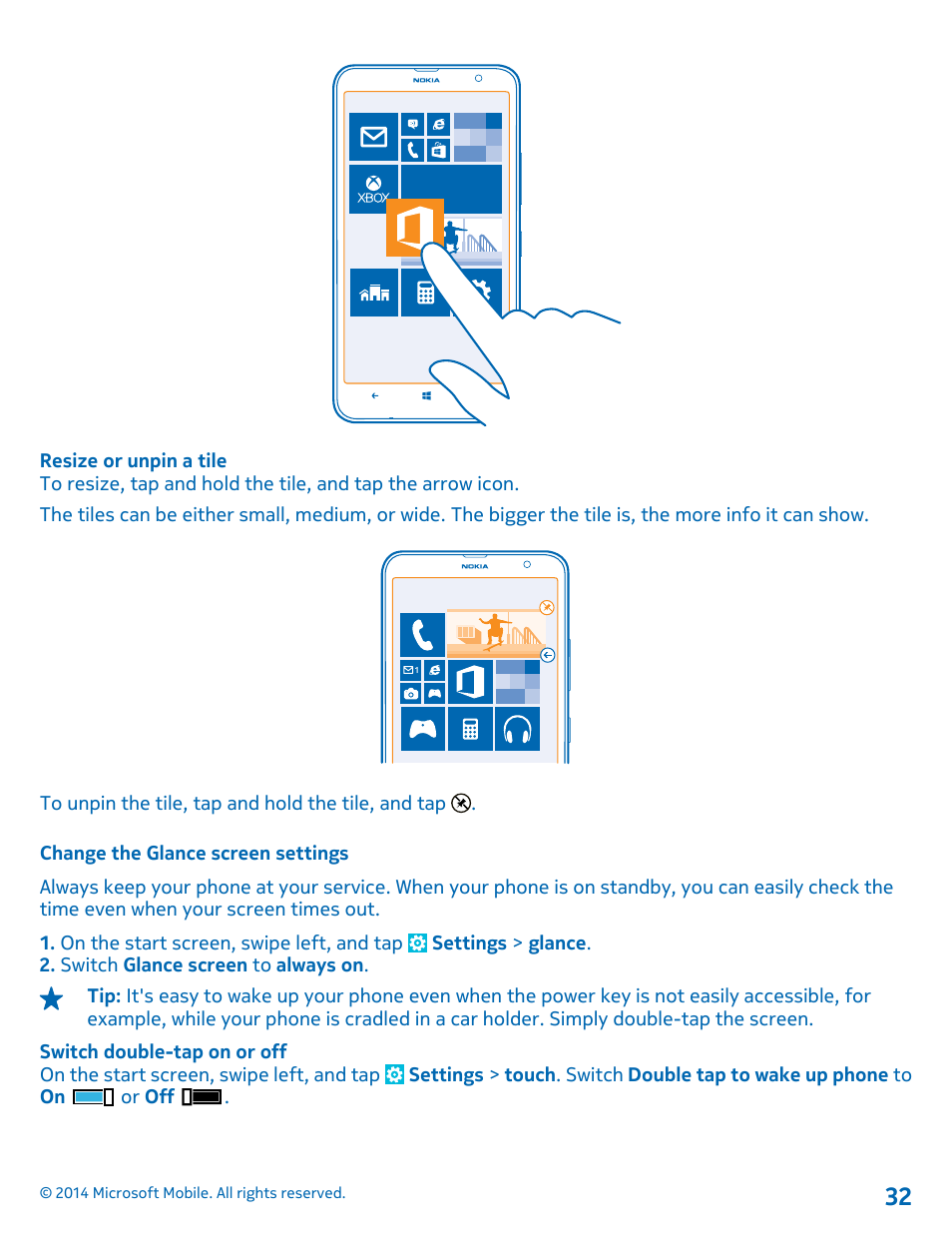 Change the glance screen settings | Nokia Lumia 1320 User Manual | Page 32 / 124