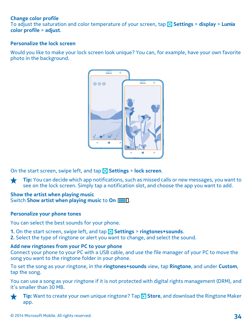 Personalize the lock screen, Personalize your phone tones | Nokia Lumia 1320 User Manual | Page 34 / 124