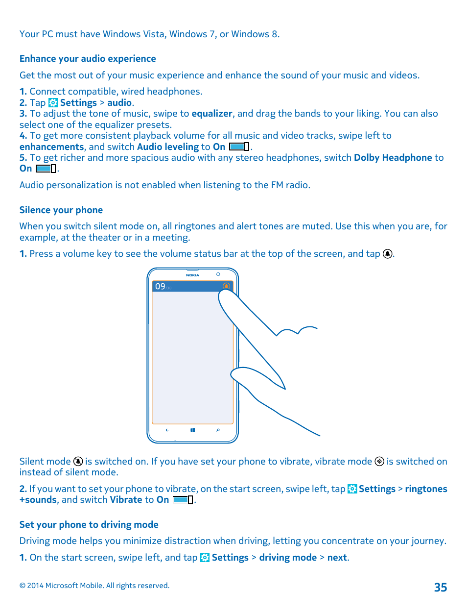 Enhance your audio experience, Silence your phone, Set your phone to driving mode | Nokia Lumia 1320 User Manual | Page 35 / 124
