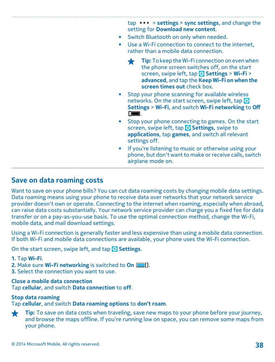 Save on data roaming costs | Nokia Lumia 1320 User Manual | Page 38 / 124