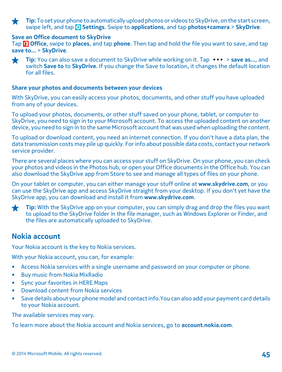 Nokia account | Nokia Lumia 1320 User Manual | Page 45 / 124