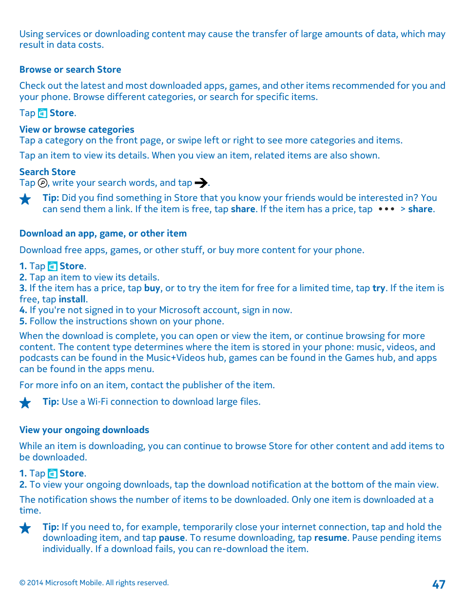 Browse or search store, Download an app, game, or other item, View your ongoing downloads | Nokia Lumia 1320 User Manual | Page 47 / 124