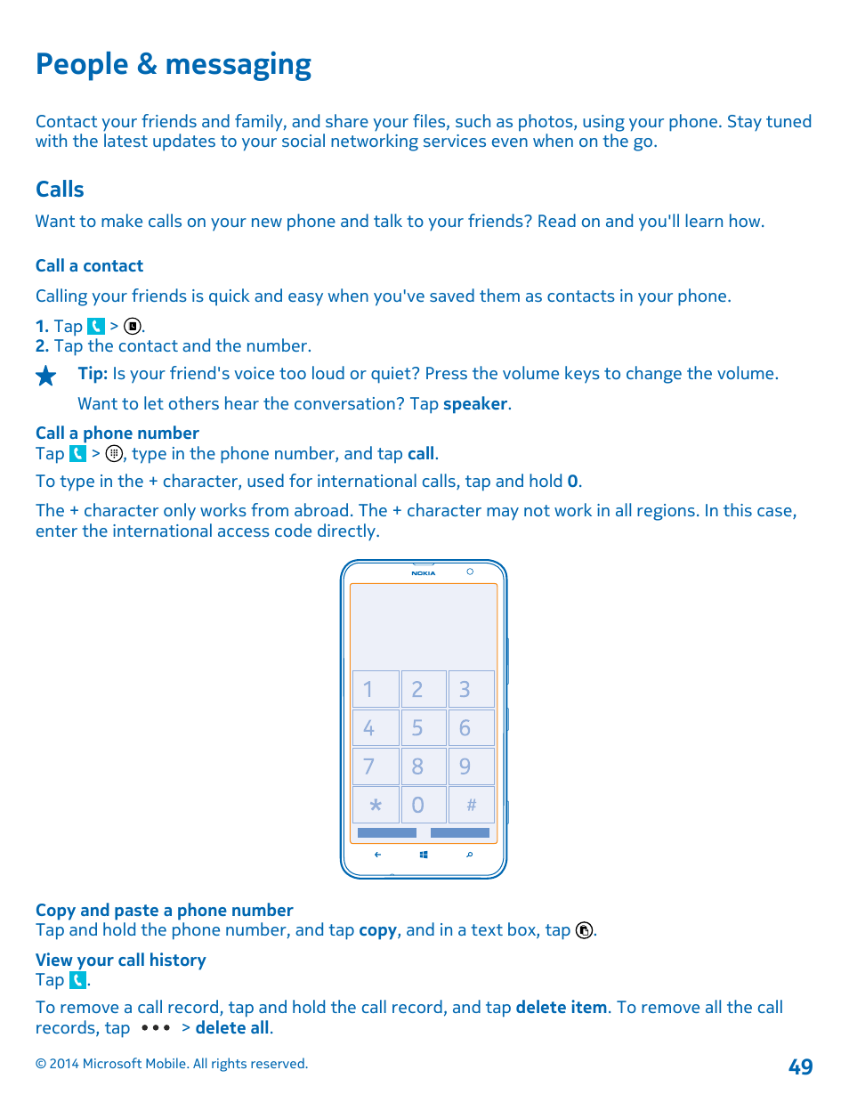 People & messaging, Calls, Call a contact | Nokia Lumia 1320 User Manual | Page 49 / 124