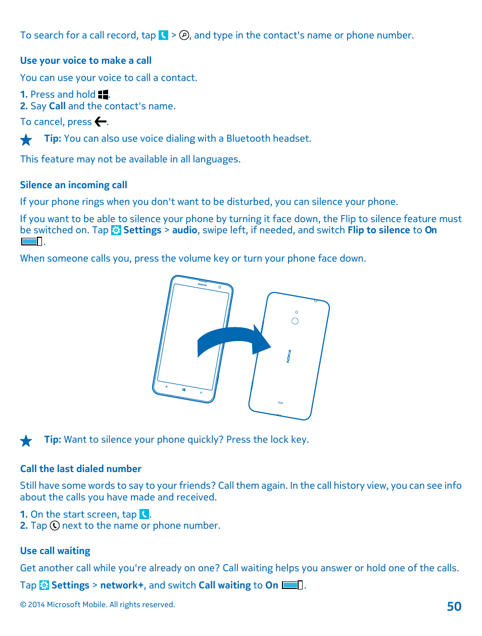 Use your voice to make a call, Silence an incoming call, Call the last dialed number | Use call waiting | Nokia Lumia 1320 User Manual | Page 50 / 124