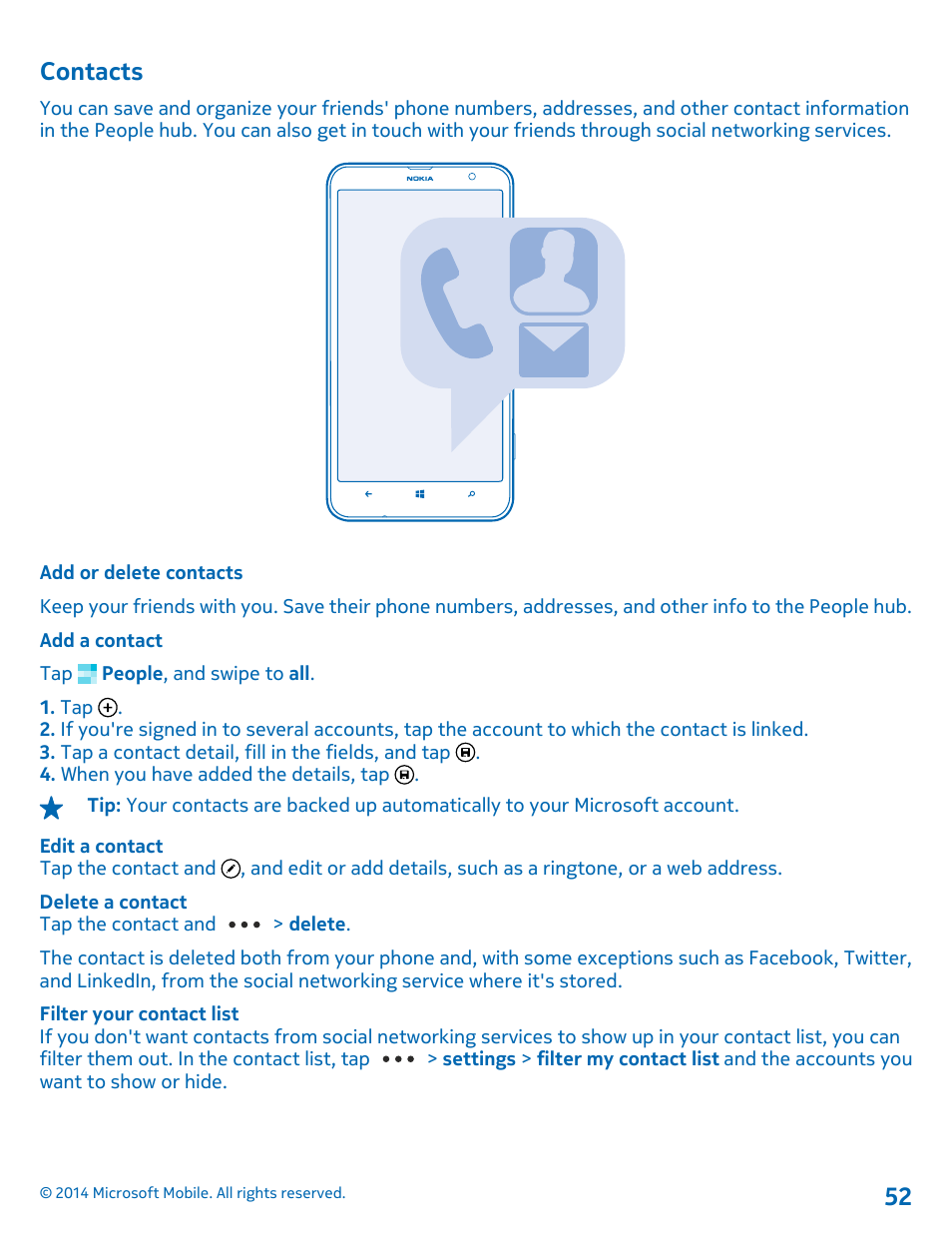 Contacts, Add or delete contacts | Nokia Lumia 1320 User Manual | Page 52 / 124